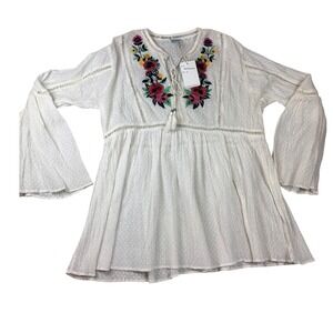 Nostalgia Womens Large White Embroidered Floral Tunic Top Boho babydoll NWT